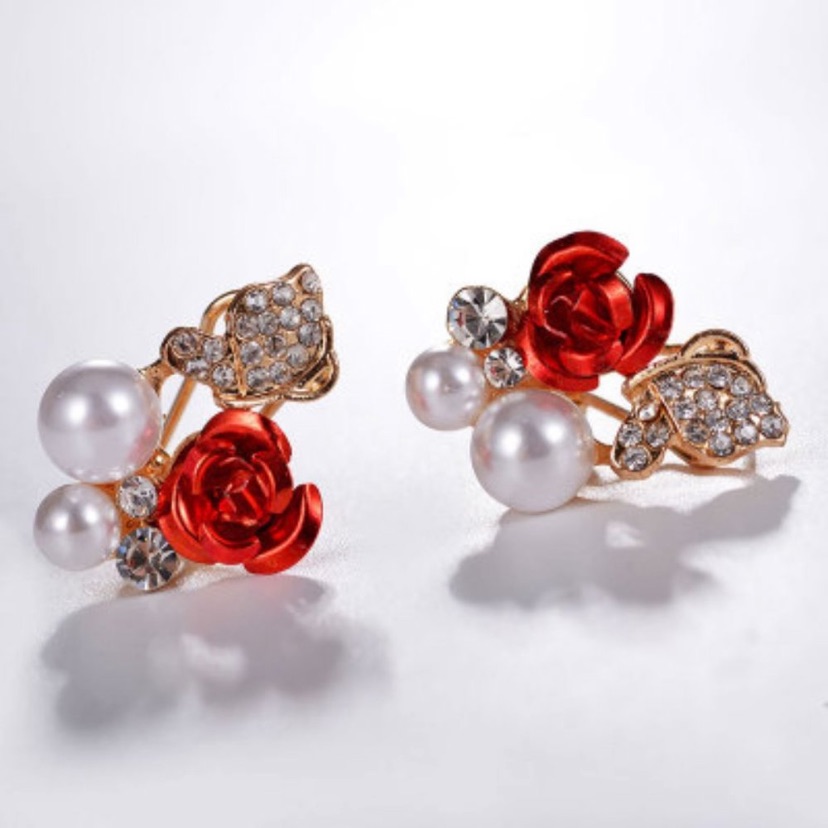 Red Rose Pearl Butterfly Crystal Pave Earrings New